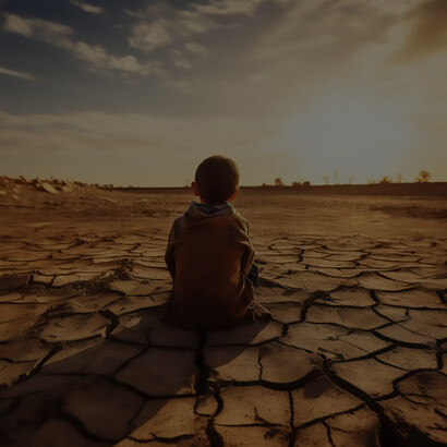 Child navigating a landscape of profound drought