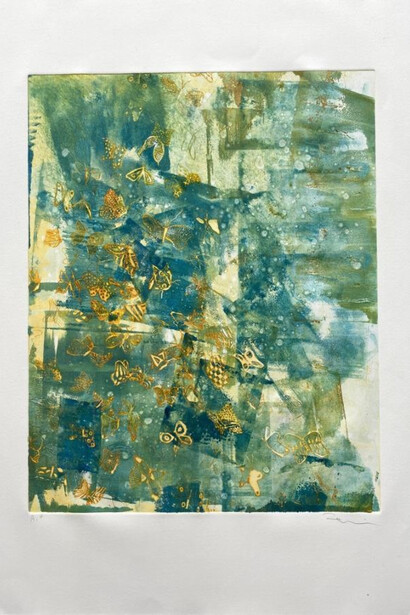 Fumiko Toda, Butterfly Away (Grass) (2022), etching and hand coloring , 16x20 inches; 31.5x25.5 inches. Courtesy of SEFA
