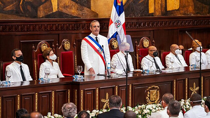 Dominican President Luis Abinader addresses the room at his inauguration ceremony in Santo Domingo, Dominican Republic, on the 16th of August, 2020