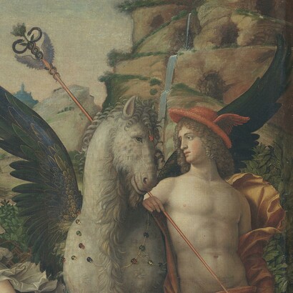 Andrea Mantegna, Parnaso, 1497. Dettaglio Mercurio e Pegaso. Louvre, Parigi, Francia