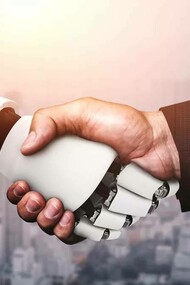 An agreement via a handshake between a businessman and an AI
