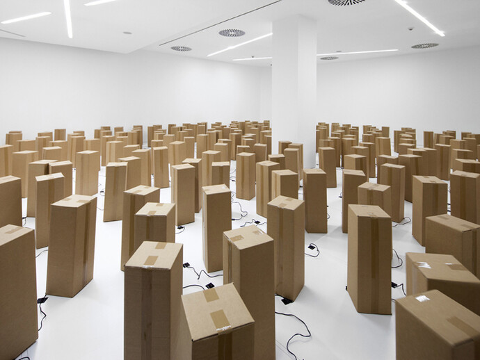 Zimoun, 605 prepared dc-motors, cardboard boxes. Courtesy of Galleria Civica di Modena