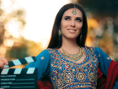 A Bollywood actress elegantly dressed in a traditional Indian outfit with intricate gold jewelry, surrounded by a bustling film crew on a vibrant movie set against a breathtaking cinematic landscape