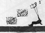 Robin Rhode, Carry-on (detail), 2013 black & white print 9 parts, each: 18.35 x 27.56 inches (framed) 46.6 x 70 cm Overall dimensions: 58.98 x 86.61 inches 149.8 x 220 cm Edition of 5 ©Robin Rhode Courtesy the artist and Lehmann Maupin, New York and Hong Kong