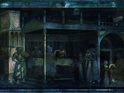 Firenze. Santa Croce, cappella Peruzzi. Giotto,
Banchetto di Erode
Documentazione fotografica a luce visibile e della fluorescenza da ultravioletti del ciclo pittorico di Giotto: Art Imaging di  Annette Keller 
