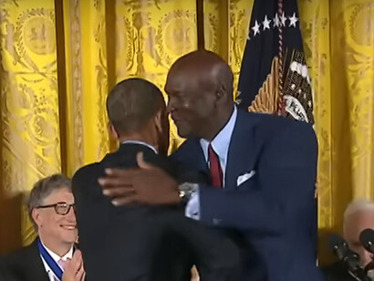 Michael Jordan and Barack Obama at the White House during the Presidential Medal of Freedom ceremony on November 22, 2016