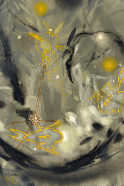 Carlos Jacanamijoy, Viento amarillo y raiz del árbol del viento, 120 x 120 cm, 2013