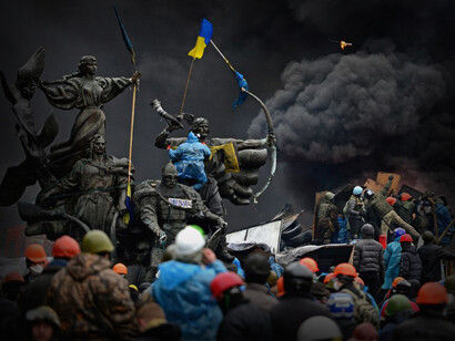 Manifestantes ucranianos del Euromaidán en el 2014 en Kiev, Ucrania