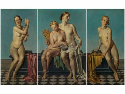 Adolf Ziegler (1892-1959), The Four Elements: Fire (left wing), Earth and Water (center panel), Air (right wing), 1937, Oil on canvas, 66 7/8 x 106 ¼ in. (170 x 270 cm), Pinakothek der Moderne, Bayerische Staatsgemaeldesammlungen, Munich. Photo credit: bpk, Berlin/Art Resource, NY