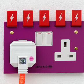 Natalie Dray, Face-Lift Contactum V1, 2015, 2 Gang Double Switched Socket, Aluminium, Brass, Steel, Powder Coat 
+ 2 pole and thermoset, + 25 year guarantee, replaceable, 220-250V. Image courtesy the artist and Cell Project Space, London. Photo: Mariell Amélie