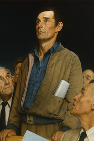 A reimagined horizontal composition of Norman Rockwell’s Freedom of Speech — the first of his Four Freedoms series, inspired by Franklin D. Roosevelt’s 1941 State of the Union address. The painting honors the dignity of the individual voice in democracy, portraying an ordinary citizen standing courageously to speak among his peers — a timeless embodiment of civic freedom and moral conviction