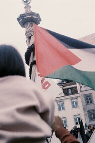 Lisbon, Portugal a child holding a Palestinian flag during a protest