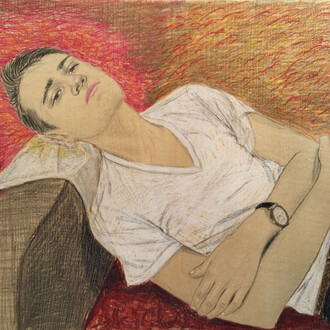 Andrew Mania, Donald, coloured pencil on wood 2017