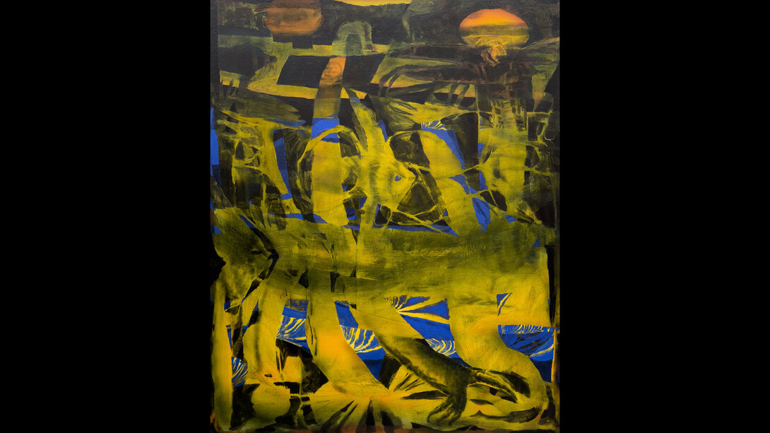 Raymond Hwang, memorial crossing; reunion in the sediment, 40x32 inches, acrylic on canvas, 2023. Courtesy the artist and Pentimenti Gallery