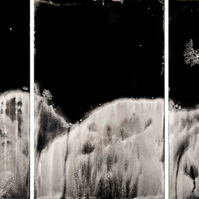 Michael Koerner,  Hibakusha Landscape #0416L, #0408C, #0412R, 2021. Collodion on tin, 12 by 8 inches each. Courtesy of Lisa Sette Gallery