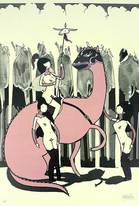 Kid Acne “Dragon Girls” (2007), 2-colour silkscreen on 250gsm recycled paper, 20″ x 27.5″ (51 x 70cm), A/P #10 signed & embossed (Edition of 50)