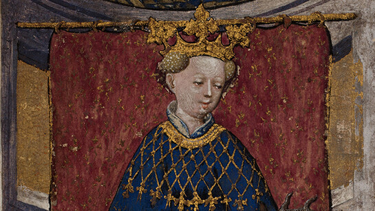 Queen of Stags, from The Stuttgart Playing Cards (Das Stuttgarter Kartenspiel)
German, Upper Rhineland, ca. 1430
Paper (six layers in pasteboard) with gold ground and opaque paint over pen and ink
7 ½ × 4 ¾ in. (19.1 × 12.1 cm)
Landesmuseum Württemberg, Stuttgart (KK grau 15)
Image: © Landesmuseum Württemberg, Stuttgart, photo: H. Zwietasch