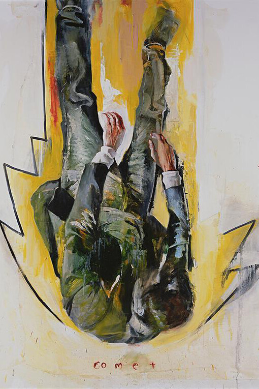 Jason Shawn Alexander, Comet, 2014. Ink, polyurethane, acrylic, oil, and paper on canvas, 70 x 54 in. Courtesy of 101/Exhibit