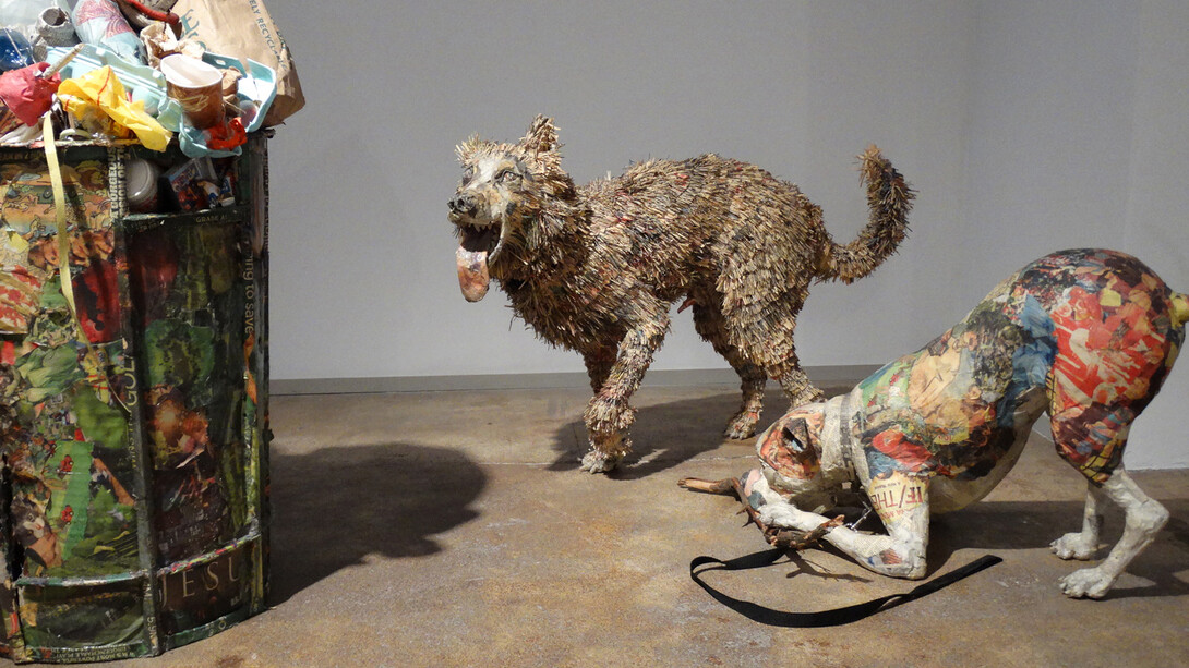 Biro and Artie with His Stick, 2015. Wood, wire newspaper, tape, glue, matte medium, UV matte varnish, 42 x 30 x 10 inches and 22 x 12 x 48 inches