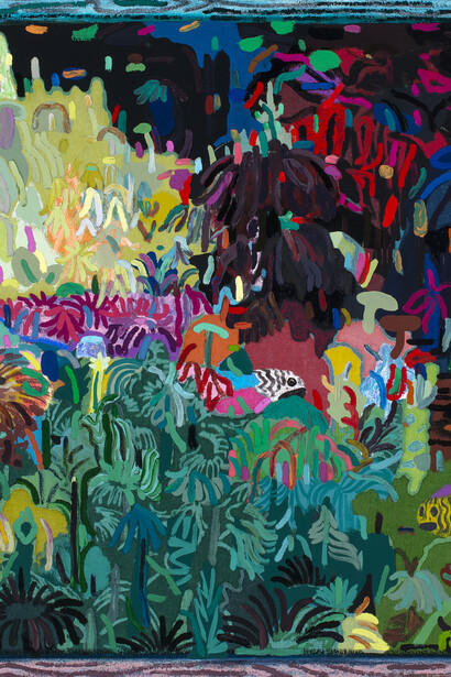 Leon Benn
Aquarium with Three Fish
2019
oil, oil pastel, and fabric dyes on Moroccan linen
33.5 x 41 in. (85.09 x 104.14 cm)