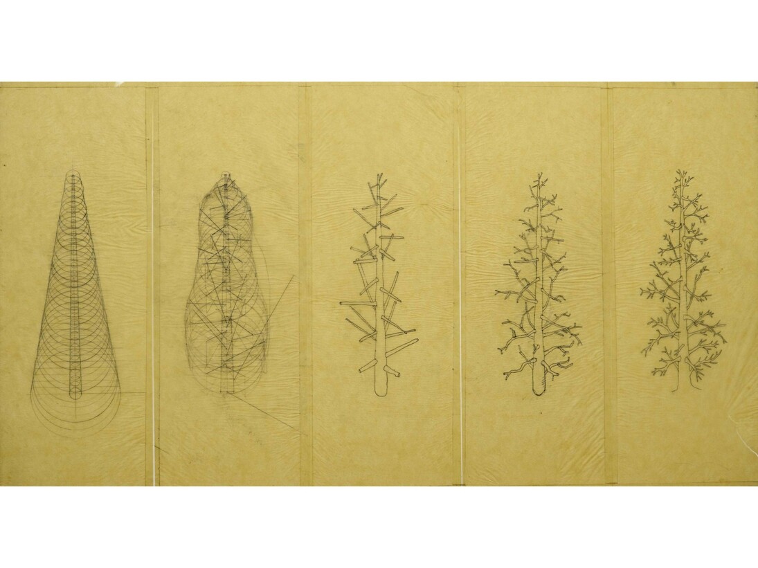 Allan Wexler, Axonometric Tree 30"  x 20" pencil on yellow trace, about 1979