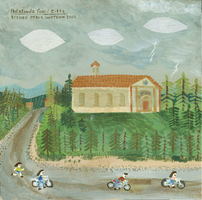 Esther Pearl Watson, Pedalando fuori Città, 2014. Acrylic and pencil on panel 25x25 cm