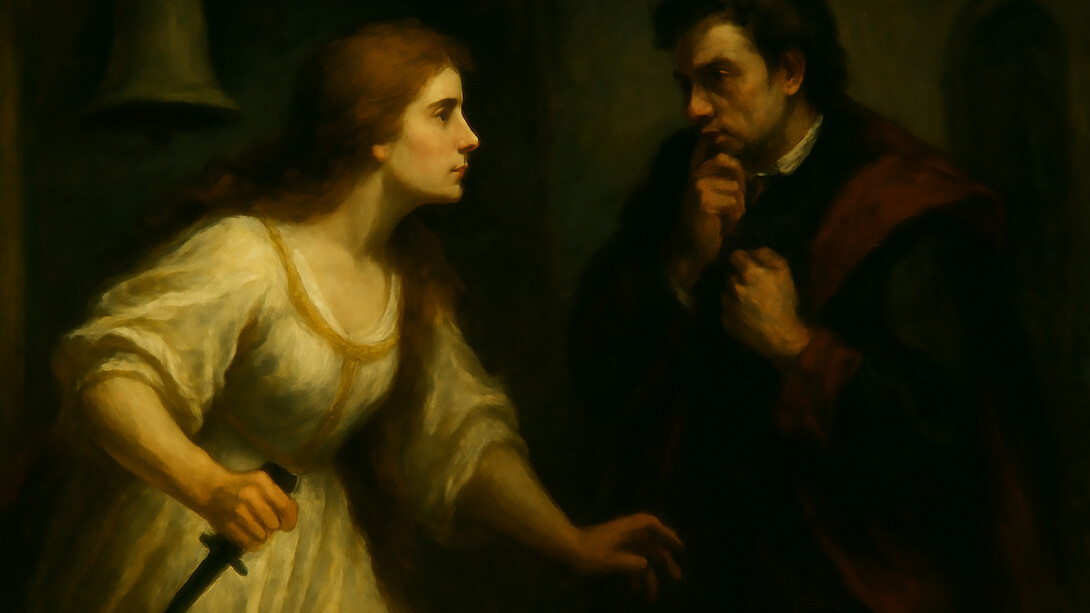 A haunting 18th-century-style painting of a grieving woman beside a midnight bell, symbolizing the tragic consequences of suspicion and false judgment