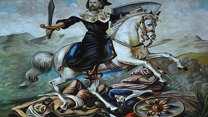 Pintura con la imagen de Santiago luchando. Iglesia de Santiago de Gáldar, Canarias