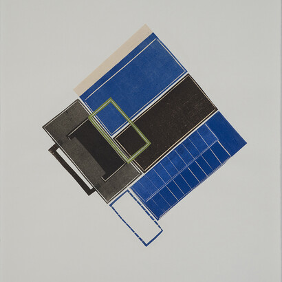 Leslie Kerby, Containment IQ U25G0, 2014, collage of linocut, etching and Chine-collé prints on paper, 17h x 15.50w in.