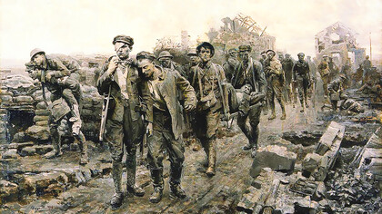 World War I: transport of the wounded, oil painting by Ugo Matania