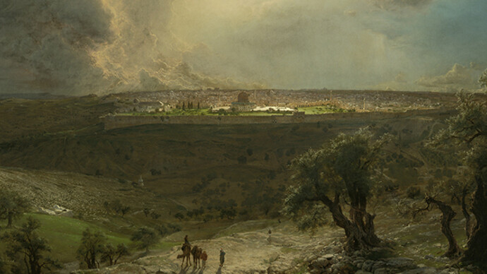 Frederic Edwin Church, American (1826-1900). Jerusalem from the Mount of Olives, 1870. Oil on canvas, 54 1/4 x 84 3/8 inches. Gift of the Enid and Crosby Kemper Foundation, F77-40/1.