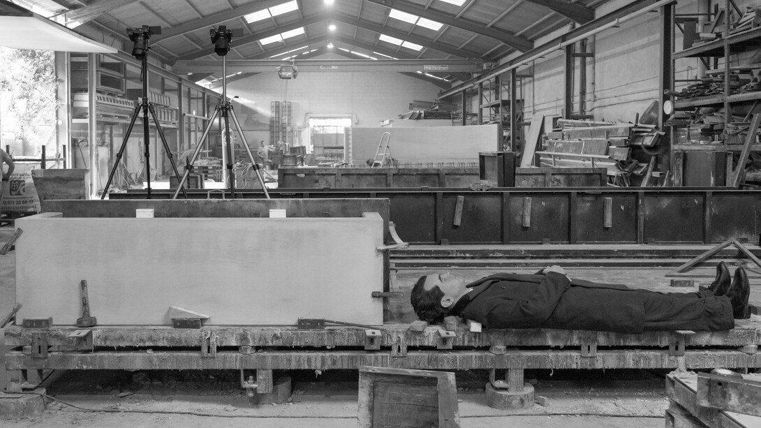 Eugenio Merino, Sculpture of Federico García Lorca prepared to be placed in the mold for cement bench production, furniture factory Urbano, Girona, July 24, 2024. Courtesy of ADN Galería. Photo by Marc Calleja
