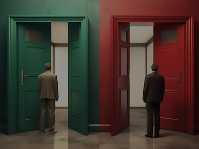 Two men stand side by side in front of a compelling green and red door, their presence creating a sense of anticipation and curiosity as they face the intriguing choice between the two distinct entrances