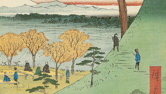 Utagawa Hiroshige, Le Mont Fuji originel Meguro, Meguro Moto-Fuji, avril 1857, détail. Gravure sur bois en couleurs, 36 x 24 cm. Brooklyn Museum, New York