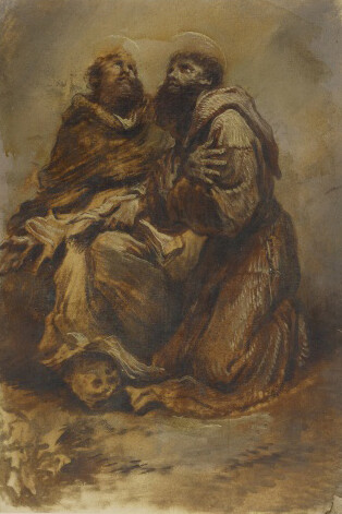 Giovanni Benedetto Castiglione, Two Franciscan saints in devotion, c. 1655. Dark brown, red-brown, grey and white oil paint on paper, 40.4 x 28.0 cm. Royal Collection Trust, London.
