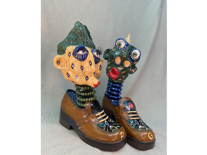 Ana Stazia, Secret, 2022, Les Imbéciles collection, mixed media, found objects, Shoes 1910, armature, polymer clay, acrylic, lacquer, ©Ana Stazia. Courtesy of the artist and Black and White Gallery/Project Space