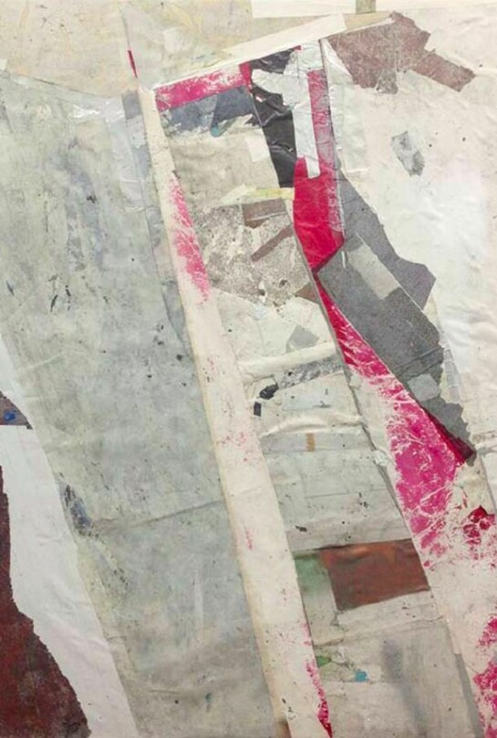 Redactor V, 2013, enamel, acrylic, crystalina, glass powder, pigment, cold wax, glass film, tape, and vinyl on wood panel, 72 x 60 inches