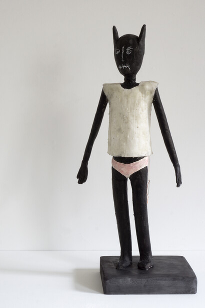 Stiff, 2018_clay, ink, pellon, encaustic, wood, crayon_29 x 13 x 8 in