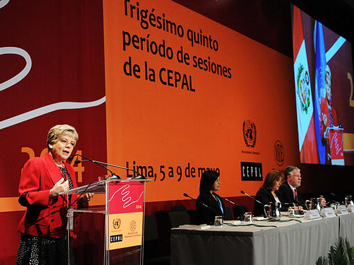 Former Minister of Foreign Affairs of Peru, Eda Rivas, at a conference held in Lima, Peru, 5th of May, 2014, discussing the development of specific areas of the region