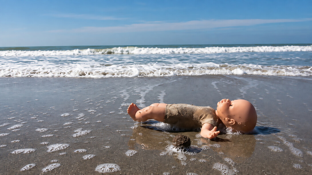 A child’s toy abandoned by the sea, symbolizing the dangers faced by migrant families crossing the Mediterranean