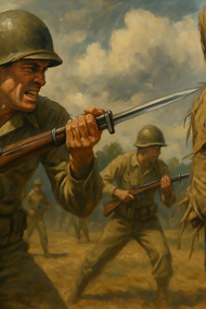 Infantrymen advance during close-quarters combat, one soldier lunging forward with a bayonet as others move in behind him under open daylight, capturing the raw intensity of battlefield fighting