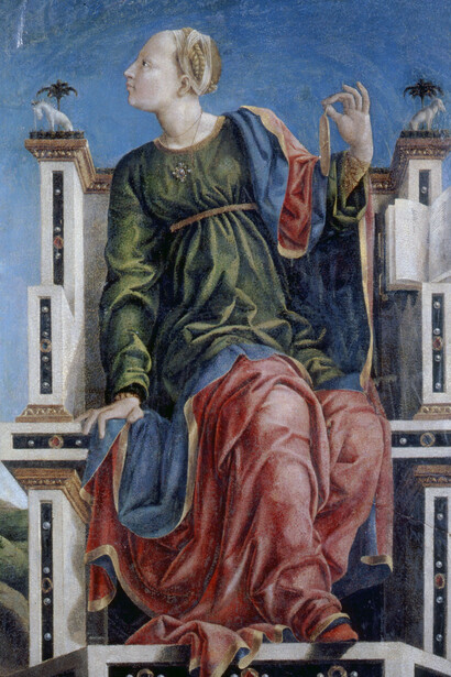 Secondo pittore dello studiolo, La musa Urania, 1456-58 ca.; tempera su tavola. Ferrara, Pinacoteca Nazionale, foto MIBAC/Polo Museale Emilia Romagna