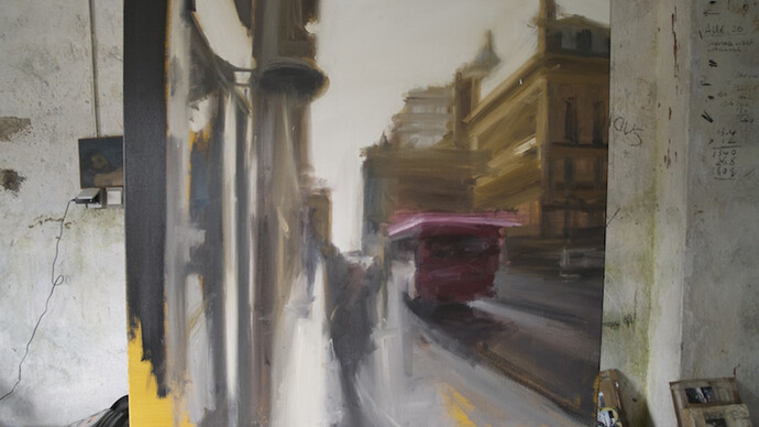 Tim Parry, The Bus, 100 cm x 100 cm, oil on Belgian linen canvas