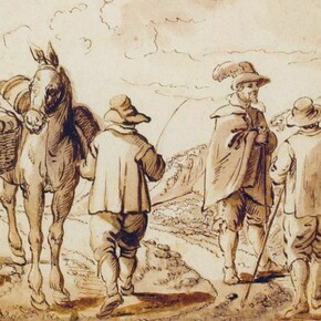 Jan Brueghel il Giovane, Incontro tra viaggiatori, 1630 ca. Acquerello bruno e inchiostro bruno su carta, 17×16,7 cm. Bruxelles, collezione privata