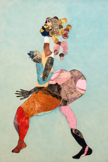 Tschabalala Self, Sapphire, 2015, Oil, pigment and fabric on canvas, 213.3 x 152.4 cm (84 x 60 in). Courtesy of Wassim Rasamny. Photograph by Thomas Nelford