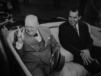 Prime Minister Winston Churchill who quoted the famous political regarding forms of governemnt is riding alongside President Richard Nixon