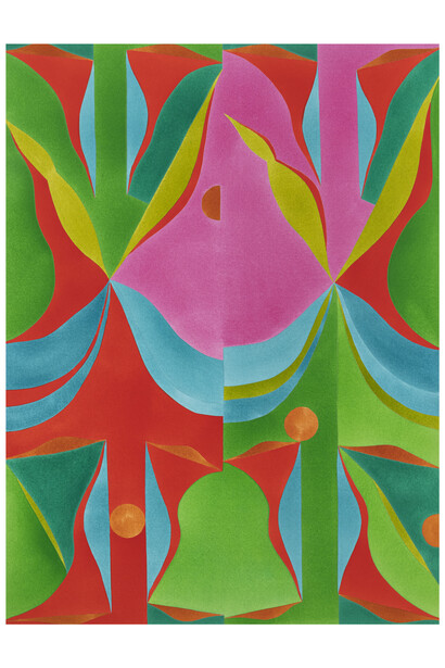 Margaux Ogden, Bathers (Green, Pink, Red & Teal), 2023, acrylic on canvas, 64x48 inches. Courtesy of the artist and Berggruen Gallery