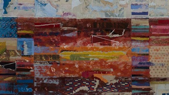 Tom Pike, Down at the Docks, 38 x 55.5cm,  
acrylic on wood panel and collage