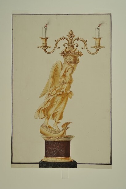 Valadier, Candelabro in bronzo e marmi colorati, penna, inchiostro, acquarello su carta
