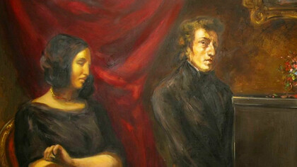 Reconstruction moderne du tableau inachevé (1837) de George Sand et Frédéric Chopin par Eugène Delacroix